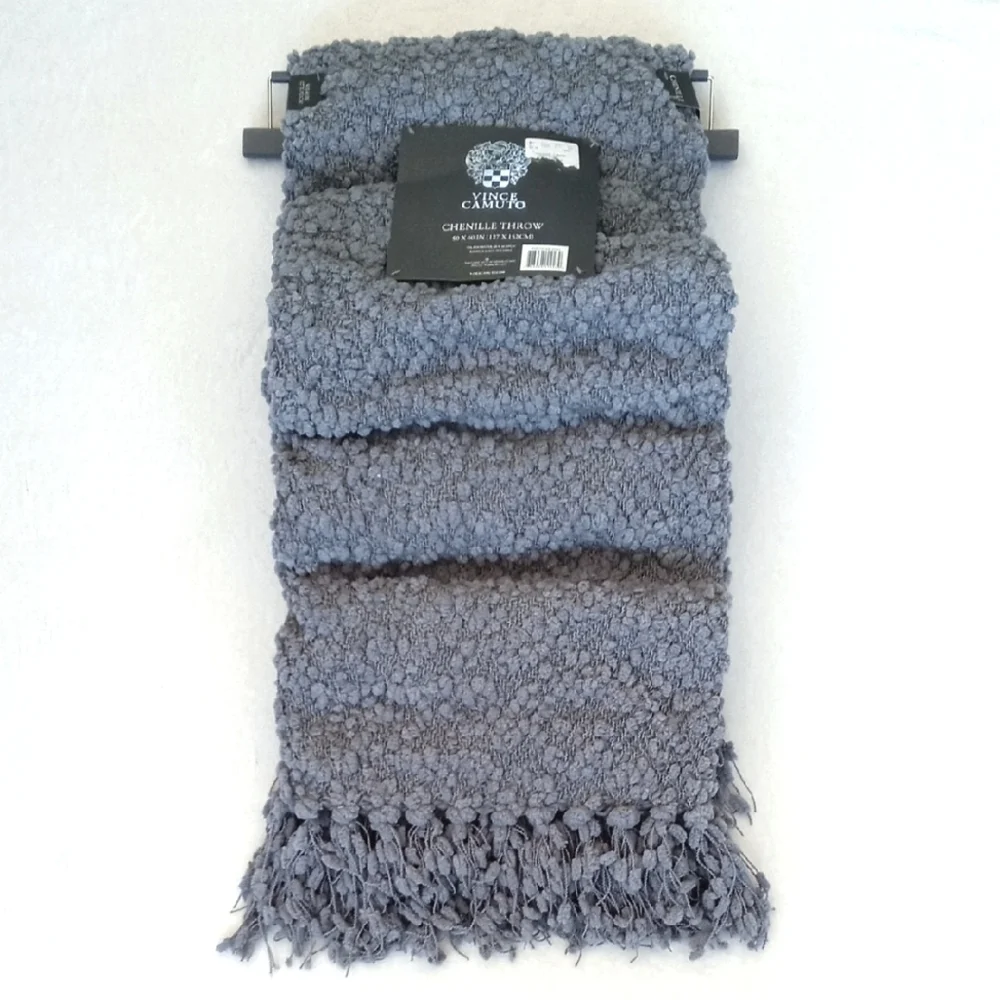 Vince Camuto Blue Grey Popcorn Chenille Fringed Throw Blanket 50